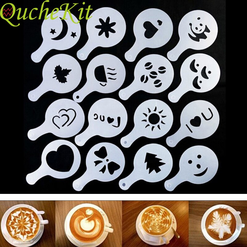 16pcs Cooffee Mold Coffee Cake Plastic Stencil Decoration Cupcake Template Mold Stencils Template Strew Pad Duster Spray