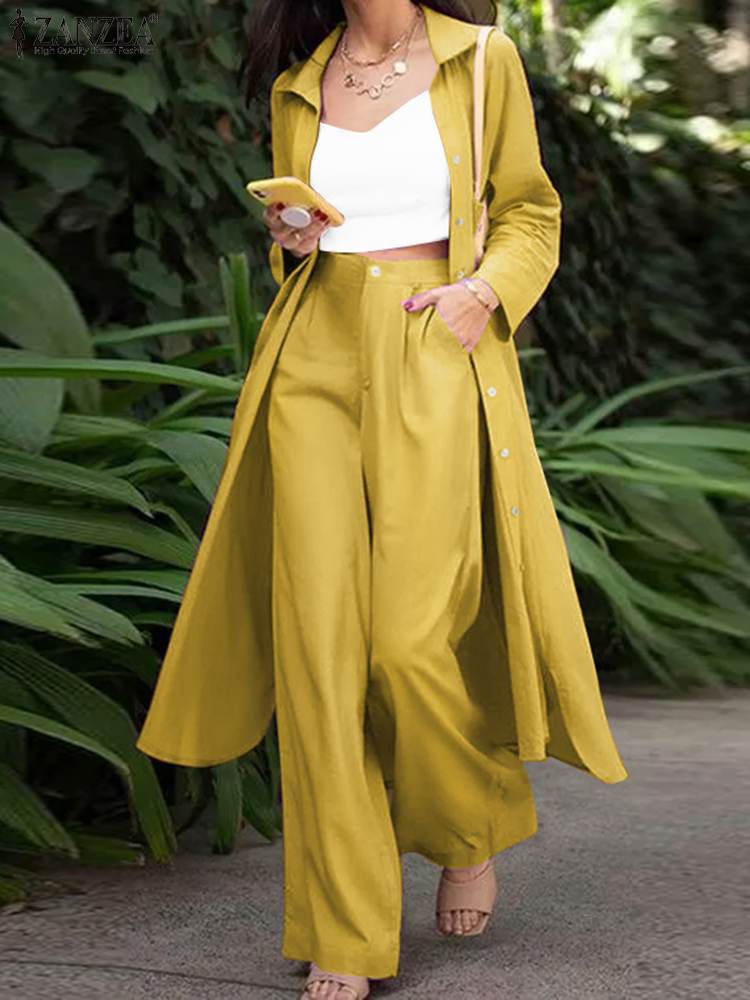 ZANZEA Women Autumn Suit Casual Long Sleeve Blouse Wide Leg Pants Sets Long Shirt Female Work OL Outifits: S / Yellow