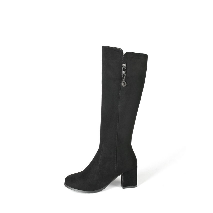 Qutaa höst vinter scrub rund tå blixtlås dam skor fyrkantiga högklackade strass knähöga stövlar storlek 34-43