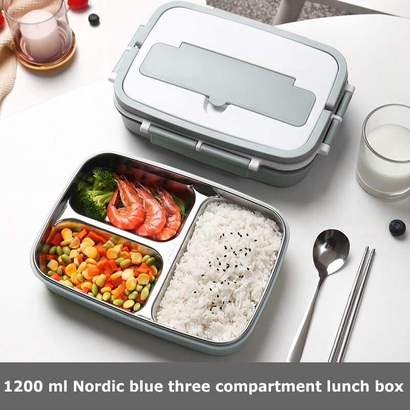 Draagbare Lunch Box Rvs Bento Box Met Servies 3/4 Compartiment Voedsel Container Lekvrije Lunchbox Voor School Office: 3 Grid Blue