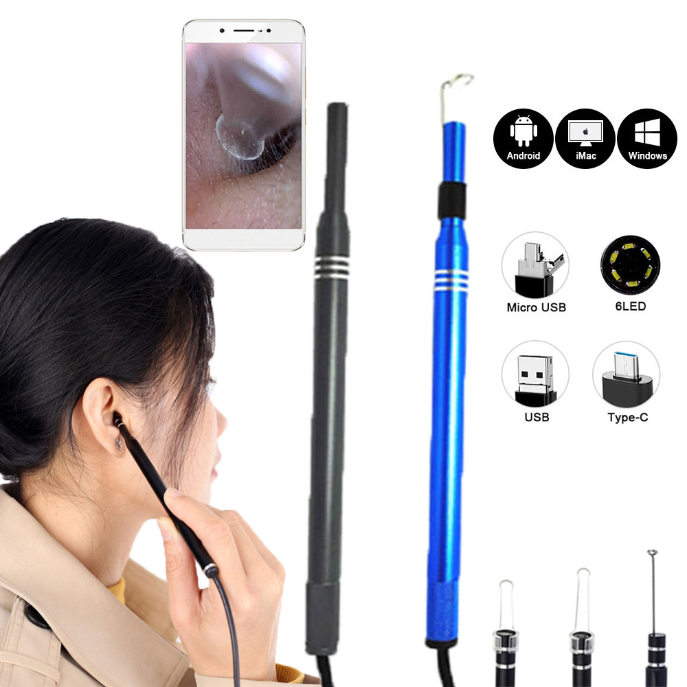 Appareil pour Endoscope de cire d&#39;oreille, appareil photo numérique, Otoscope, outil d&#39;élimination de la cire d&#39;oreille, cure-Oreille endoscopique, nettoyage des oreilles, bouchons d&#39;oreille: Black-Blue