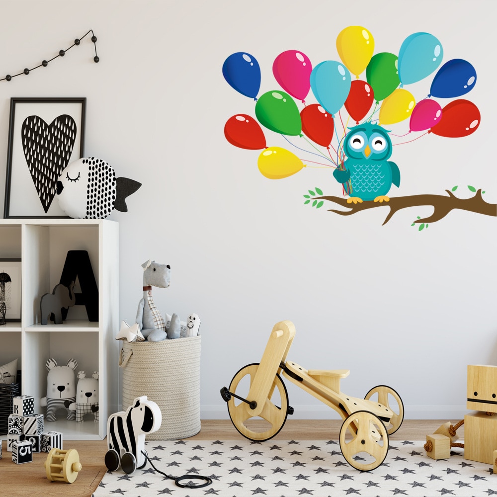 Autocollant de dessin animé branche d&#39;arbre hibou, arrière-plan avec ballons, décor de chambre à coucher pour enfants, Stickers artistiques muraux pour porte, papier peint de pépinière