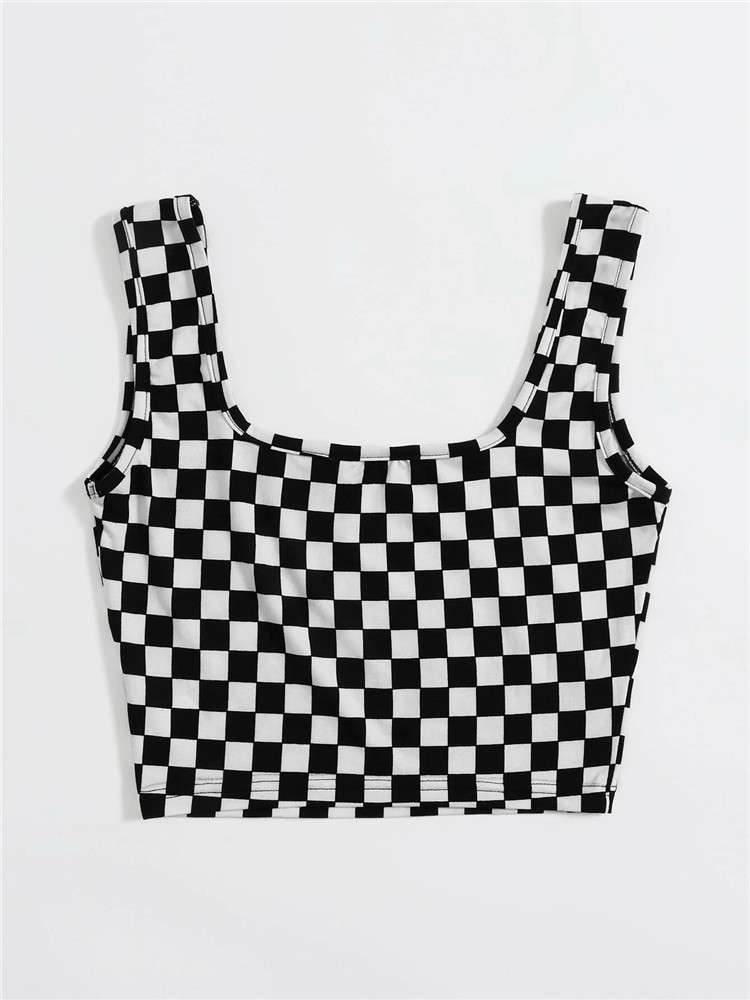 Y2K Dambord Plaid Patroon Crop Top Vrouwen Streetwear Zomer Bodycon Tank Top Shirts Zwart En Witte Kleur Blok Clubwear: XS