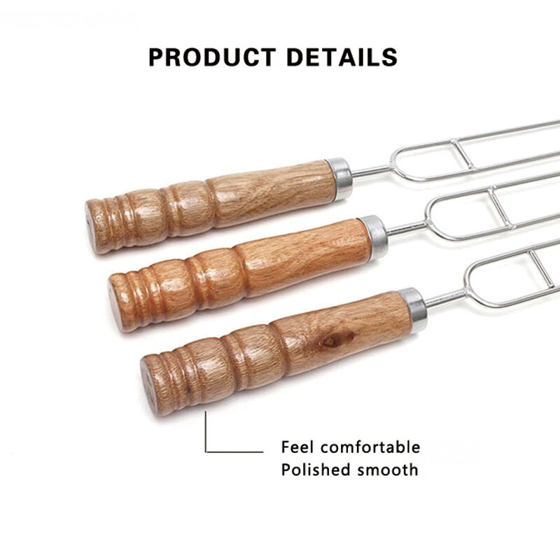 Barbecue Skewers Wooden Handle Bbq Needle Stick for Outdoor Camping Picnic Tools Cooking Tools Reusable Stainless Steel Metal