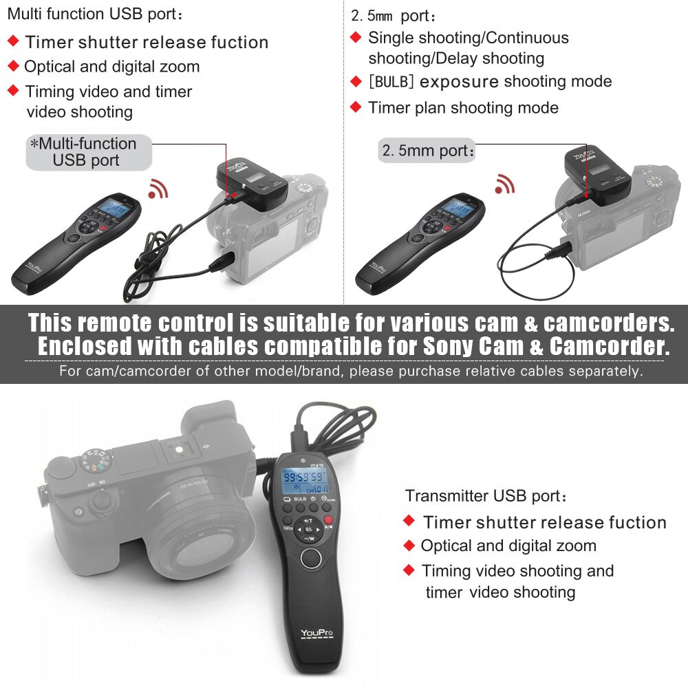 YouPro VT-2 LCD Timer Ontspanknop Video Zender Ontvanger voor Sony Camera &#39;S Camcorders Draadloze Afstandsbediening Commander