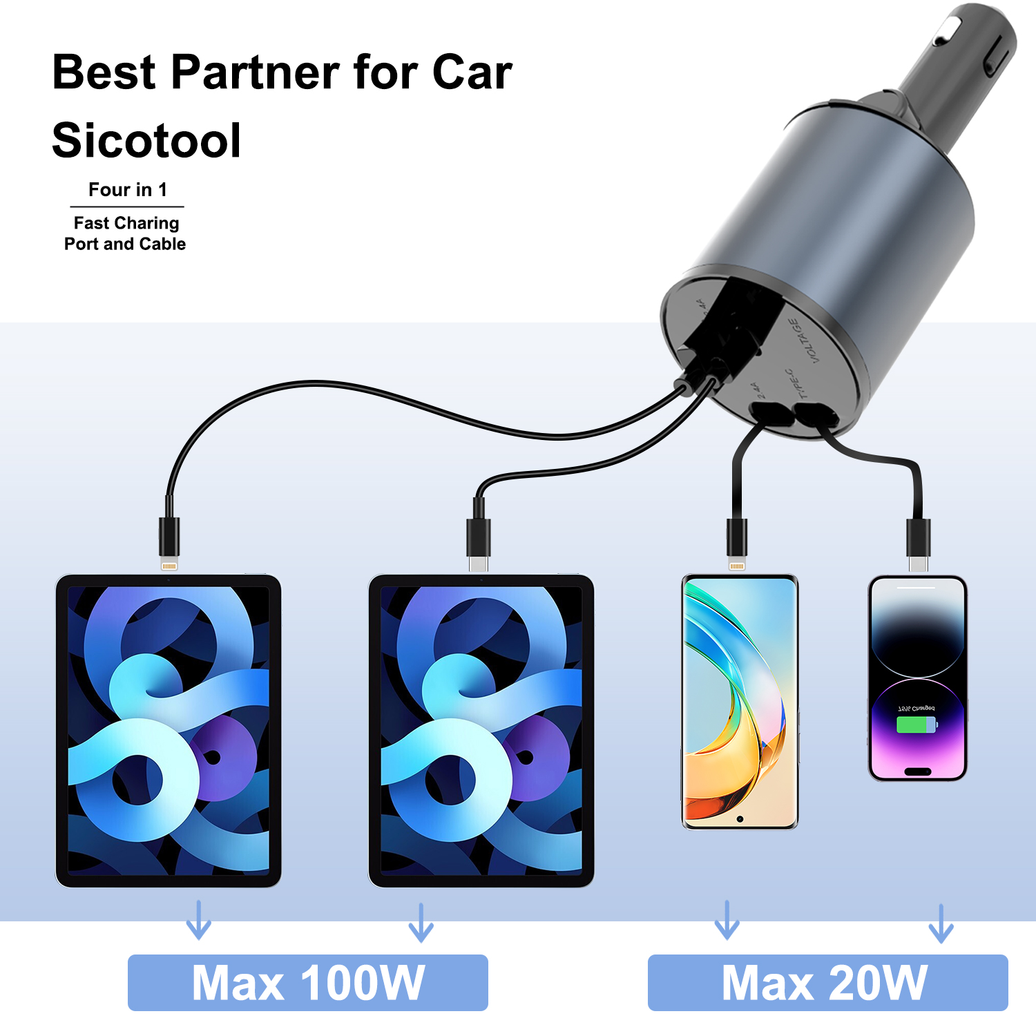 2024 Intrekbare autolader 4in1 Snelle autotelefoonoplader 100 W Intrekbare kabels 2 USB-poorten Autolader voor alle smartphones