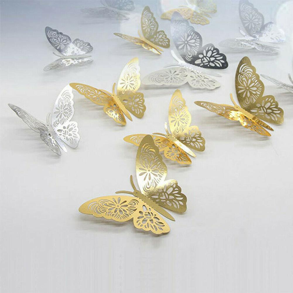 12 stk / pakke 3d gyldne sommerfuglvægklistermærker diy hule papir ornament bryllupslayout sommerfugl simulering vægdekoration