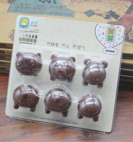 6 Pcs/lot Children Electrical Safety Protective Socket Cover Caps Cute Animals Baby Security Product Sets US USA Standard: Brown