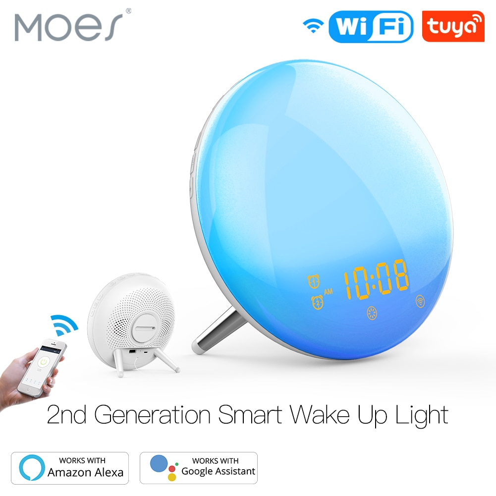 Reloj despertador con 4 alarmas, luz de activación inteligente, WiFi, 7 colores, simulación de Amanecer/atardecer, Compatible con Alexa y Google Home