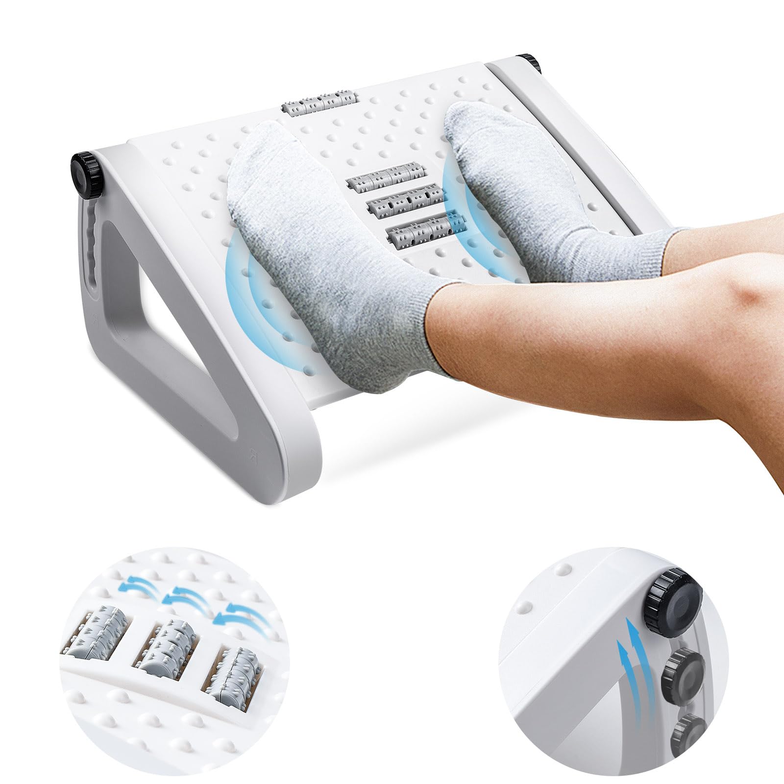 Fußstütze unter dem Schreibtisch, ergonomischer Fußhocker mit Massagerollen, Schreibtisch-Beinstütze, Schmerzlinderung für die Arbeit im Home-Office: WHITE