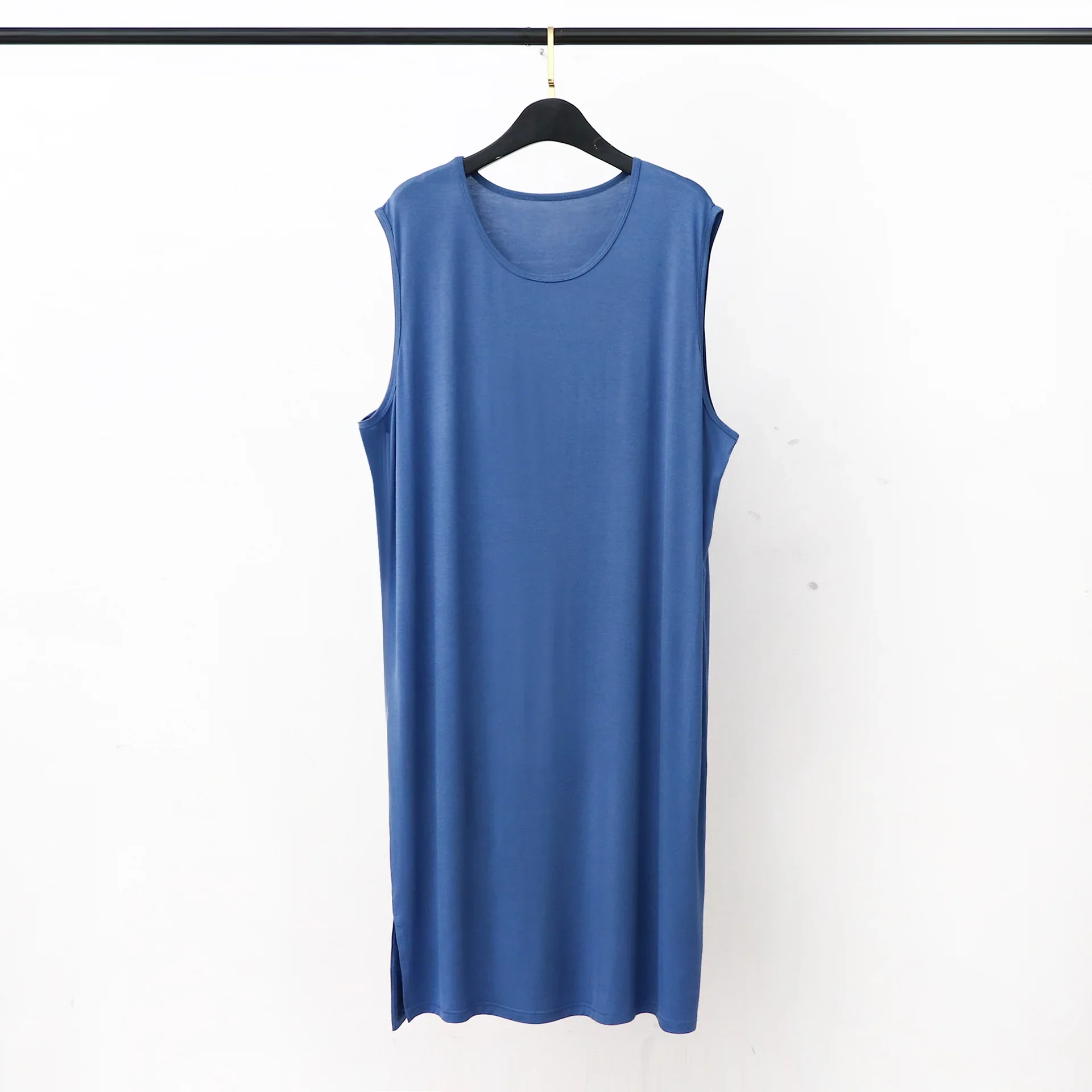 2025 pijamas de Modal de verano para hombres, batas estilo de chaleco, albornoz largo sin mangas de talla grande, ropa de hogar holgada, suave y cómoda para hombres: XXXL / Azul