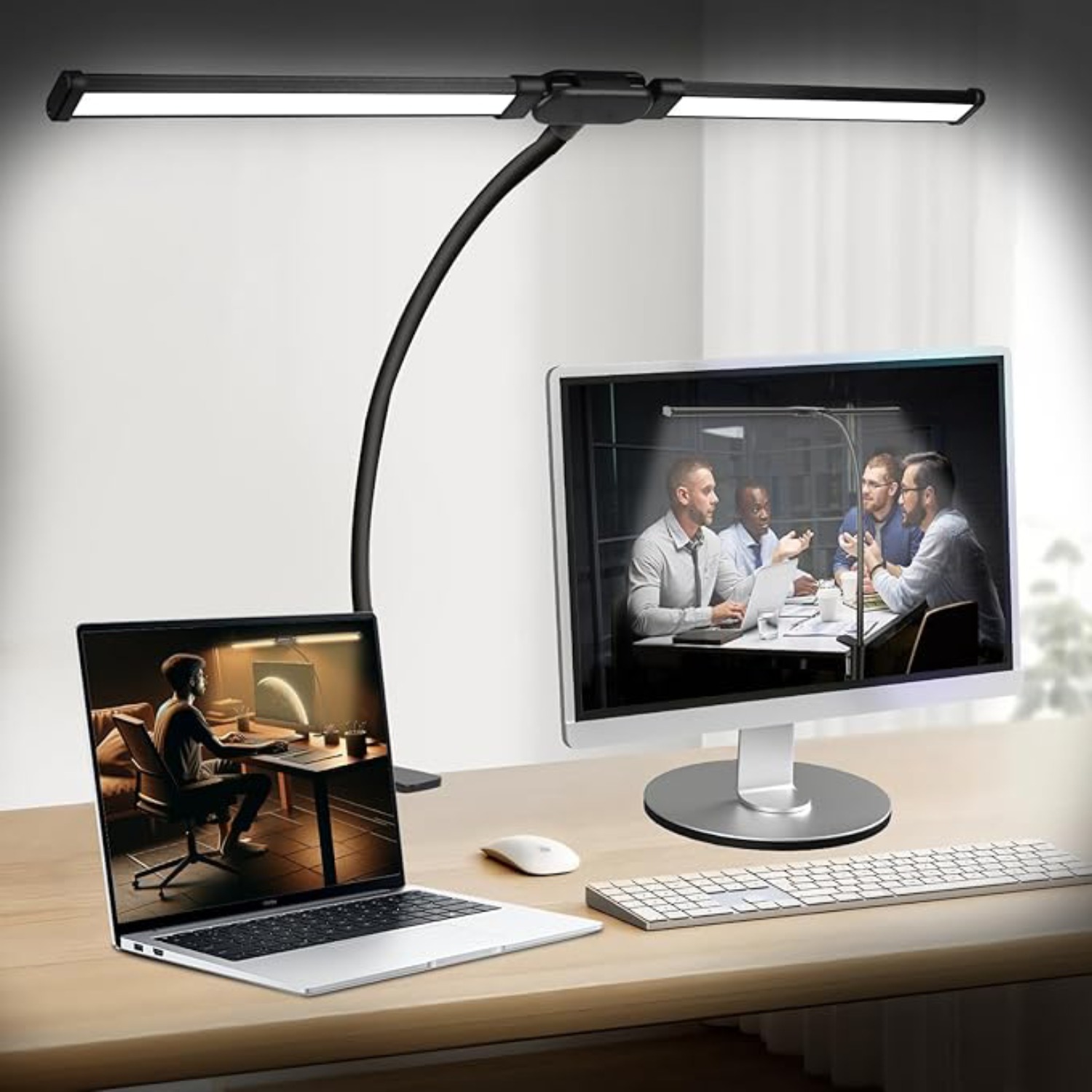 Home Office LED-bureaulamp met clip op dubbele kop Computermonitor Verstelbare en flexibele clip-on lamp met zwanenhalsontwerp