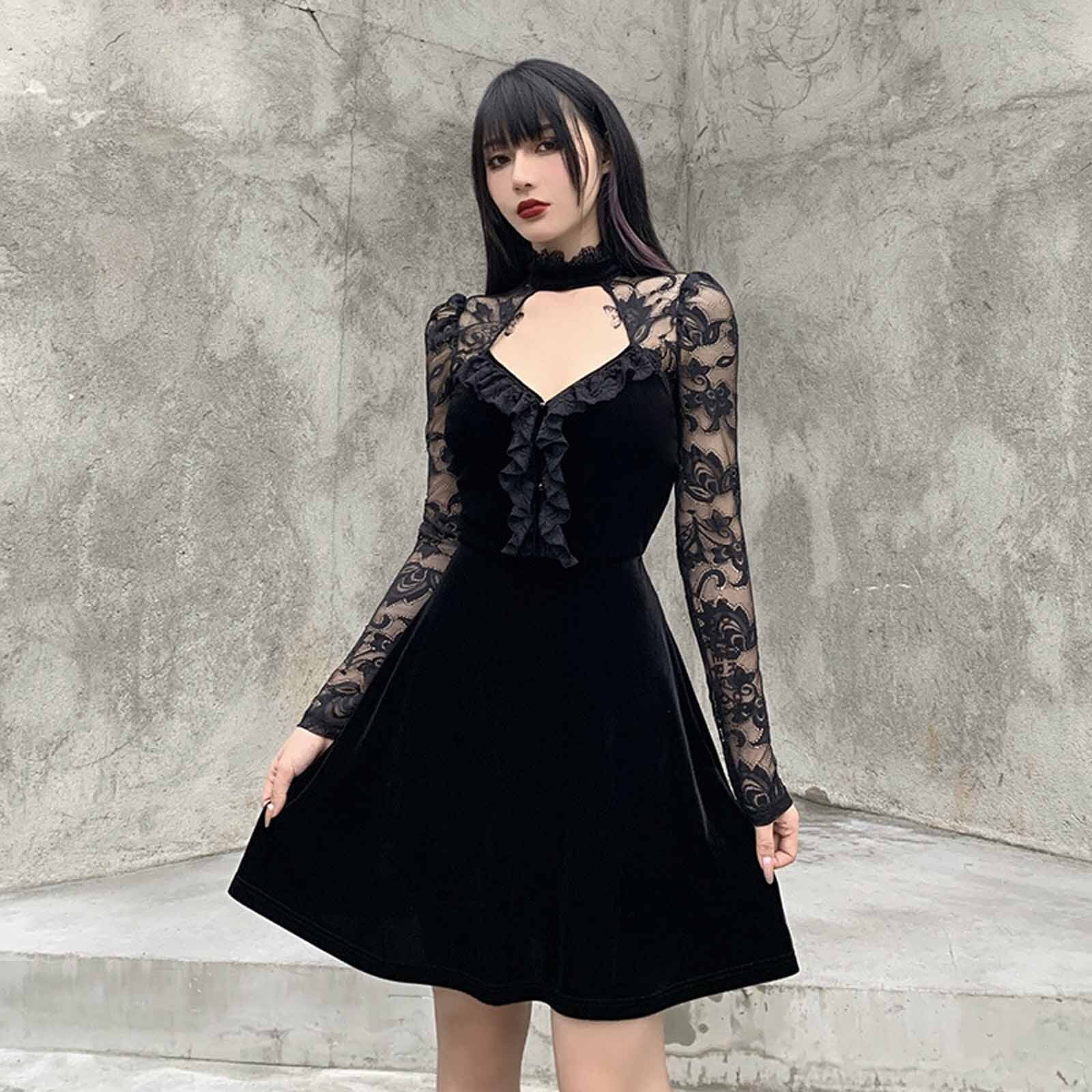 Women Gothic Dress Long Sleeve Hollow Out Lace Patchwork Punk Dress Autumn And Winter bodycon dress ropa de mujer