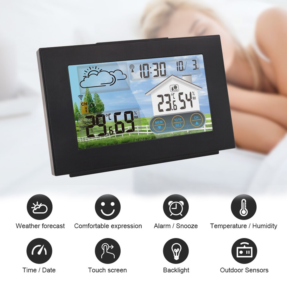 Draadloos weerstation voorspeller binnen- en buitenthermometer hygrometer met sensor kleuren touchscreen wekker kalender