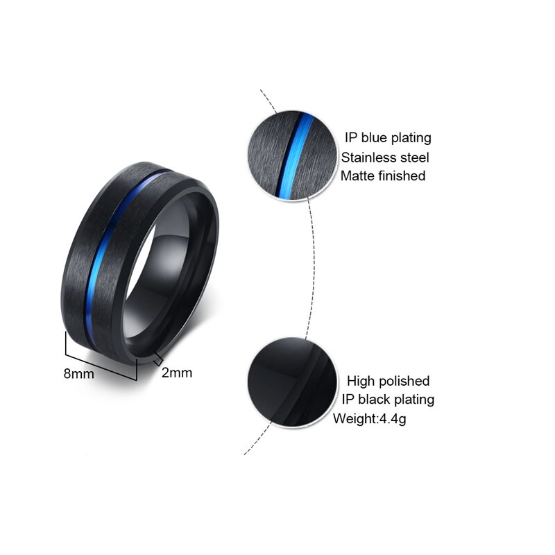 Classic 8mm Wedding Band Finger Rings for Men Black Blue line Titanium Stainless Steel Jewelry Male