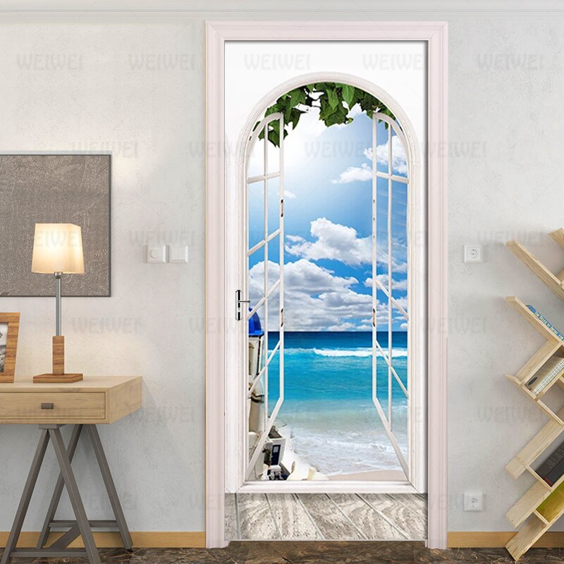 Sea View From The Window Wallpaper Wall Stickers PVC Self-adhesive Removable 3D Door Stickers Mural Bedroom Door Decor Poster
