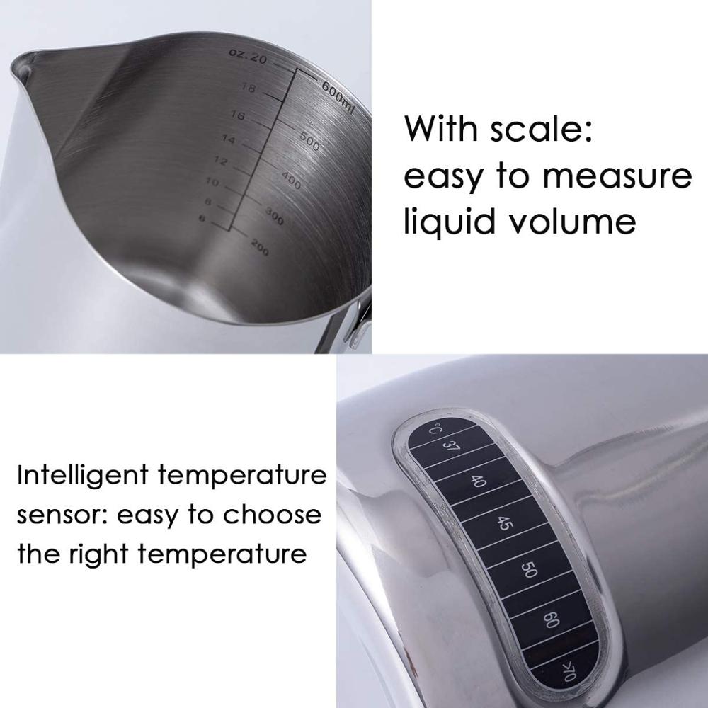 Stainless Steel Milk Frothing Pitcher - With Built-In Thermometer Perfect for Milk Frothers, with Internal Measurement (600ml)