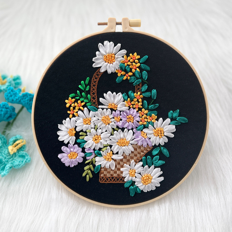 Kit de bordado de cinta de flores hechas a mano en 3D para principiantes y adultos, decoración de pared del hogar, imágenes colgantes: 20 x 20 cm / YELLOW