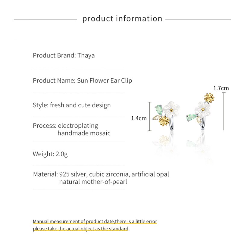 Thaya original autêntico sólido 925 prata esterlina sol flores brincos clipe para mulheres presente de noivado fino jewerlry