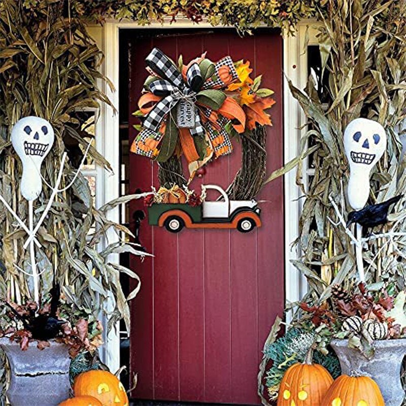 Pompoen Truck Krans Deur Opknoping Ornamenten Xmas Hanger Vrolijk Kerstfeest Decoratie Voor Thuis Halloween Party Thanksgiving Decor