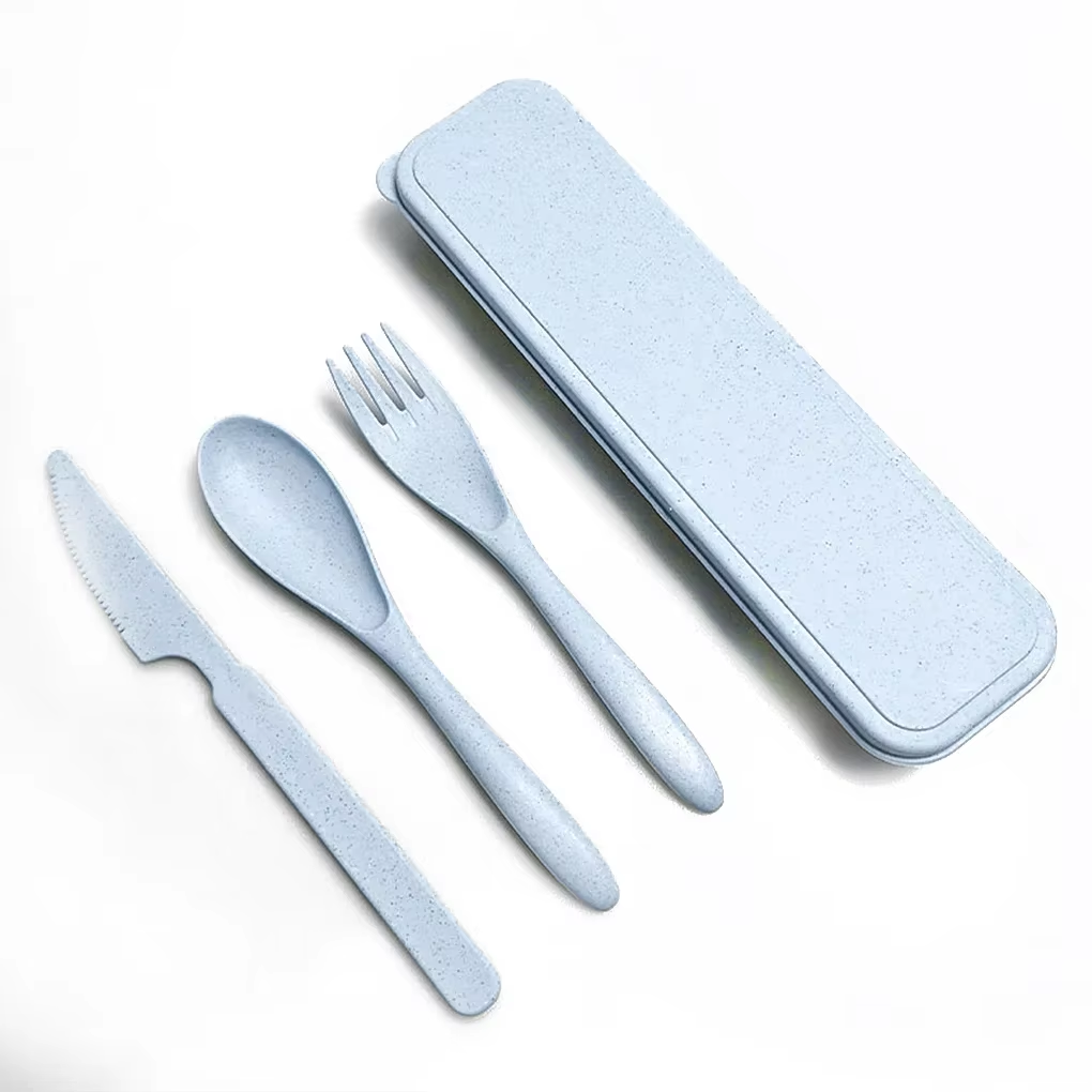 Tragbares Reiseutensilien-Set mit Koffer, wiederverwendbares Besteck aus Edelstahl, Besteck, Campingbesteck, inklusive Gabel, Löffel, Messer: Himmel Blau