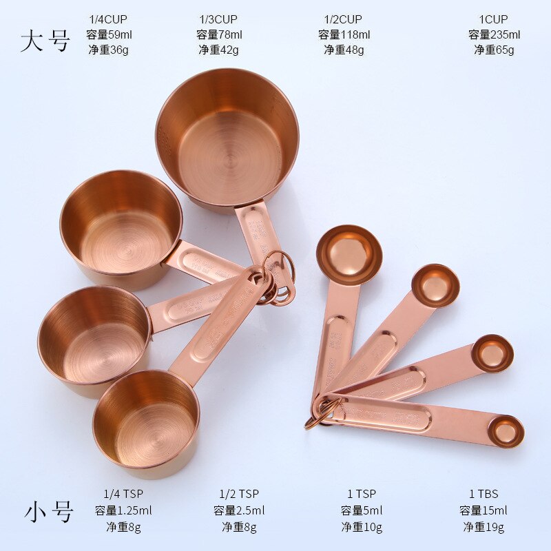 4/8pcs Stainless Steel Kitchen Measuring Spoons Teaspoon Coffee Sugar Scoop Cake Baking Flour Measuring Cups Kitchen Tools: Rose Gold Sets