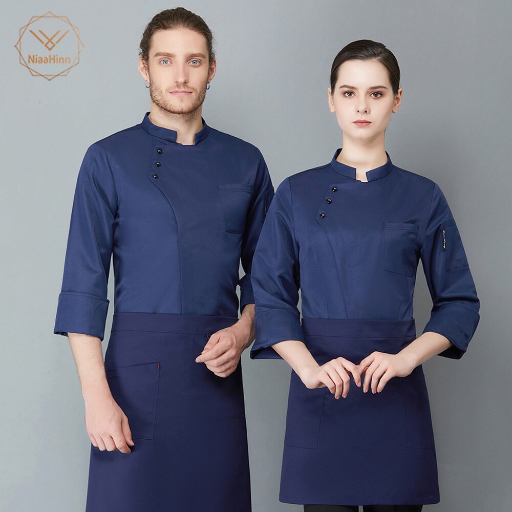 Food Service Long Sleeve Chef Jacket Head Chef Uniform Restaurant Hotel Kitchen Blue Black Chef Uniform Chef Coat