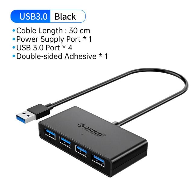 ORICO-HUB con 4 puertos USB 3,0, divisor, adaptador OTG de alta velocidad para ordenador, portátil, accesorios con puerto de alimentación Micro USB múltiple: Black 30 CM