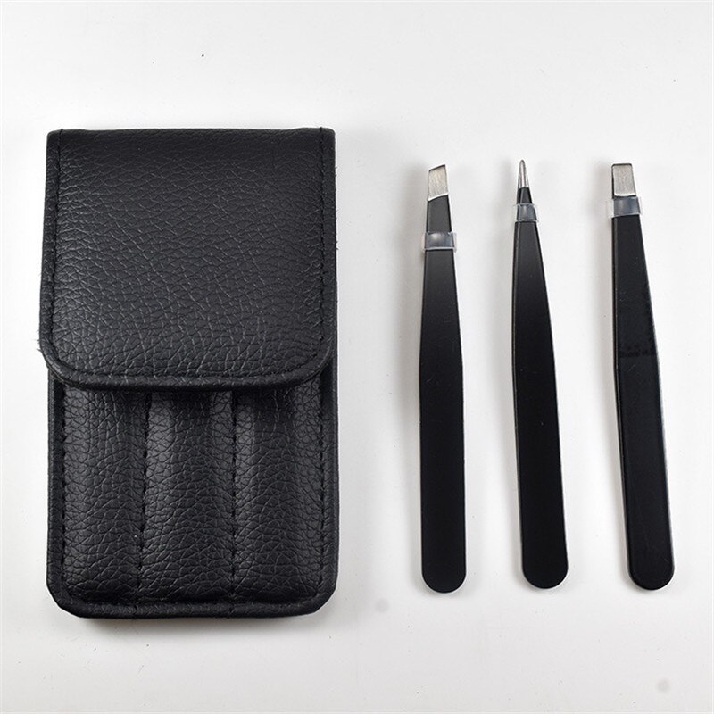 3 Stks/set Wenkbrauw Pincet Rvs Punt Tip/Slant Tip/Flat Tip Ontharing Makeup Tools Accessoire Met bag Case: black