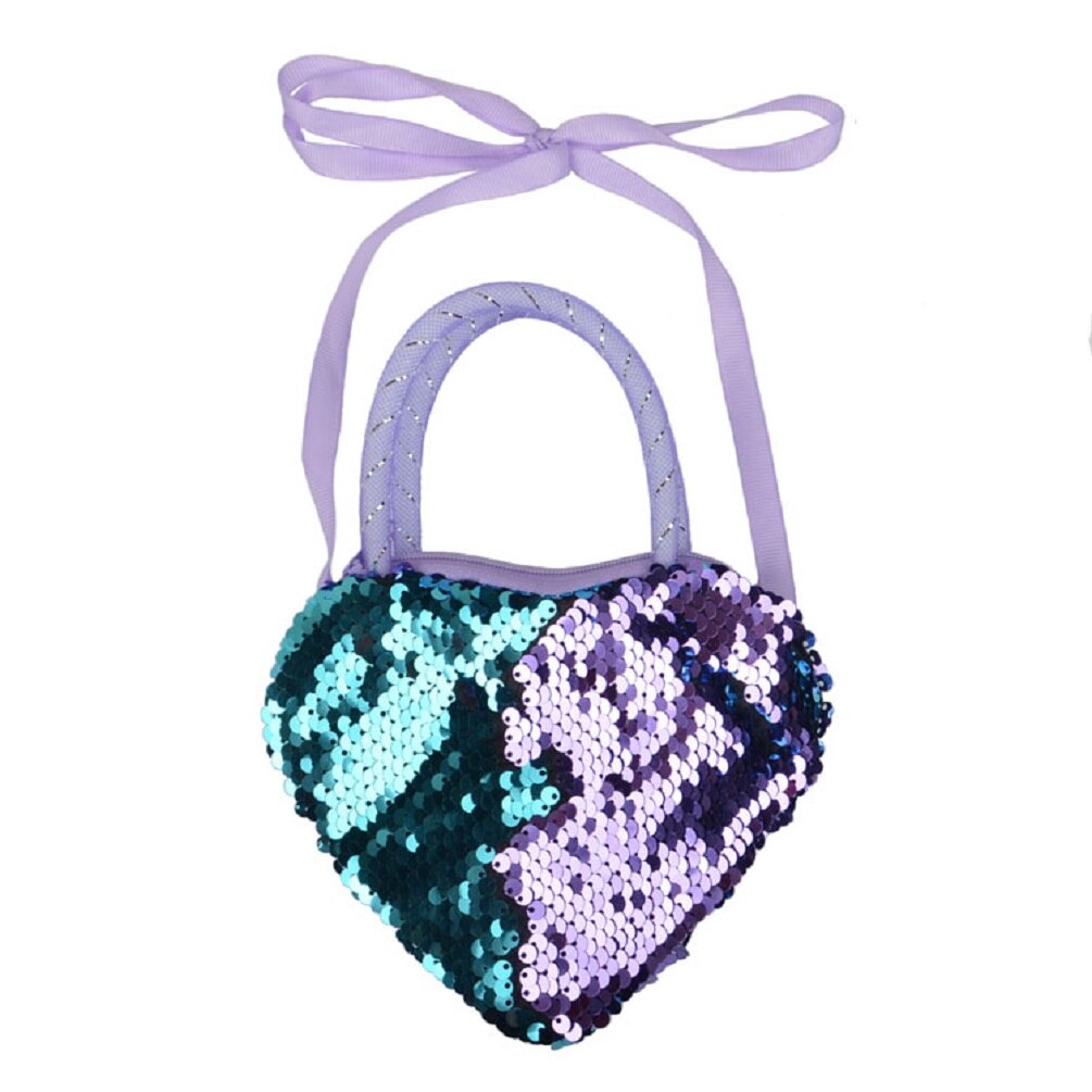 Sweet Girls Kid Sequin Heart Shaped Ribbon Long Strap Purse Coin Handbag Pocket Bag