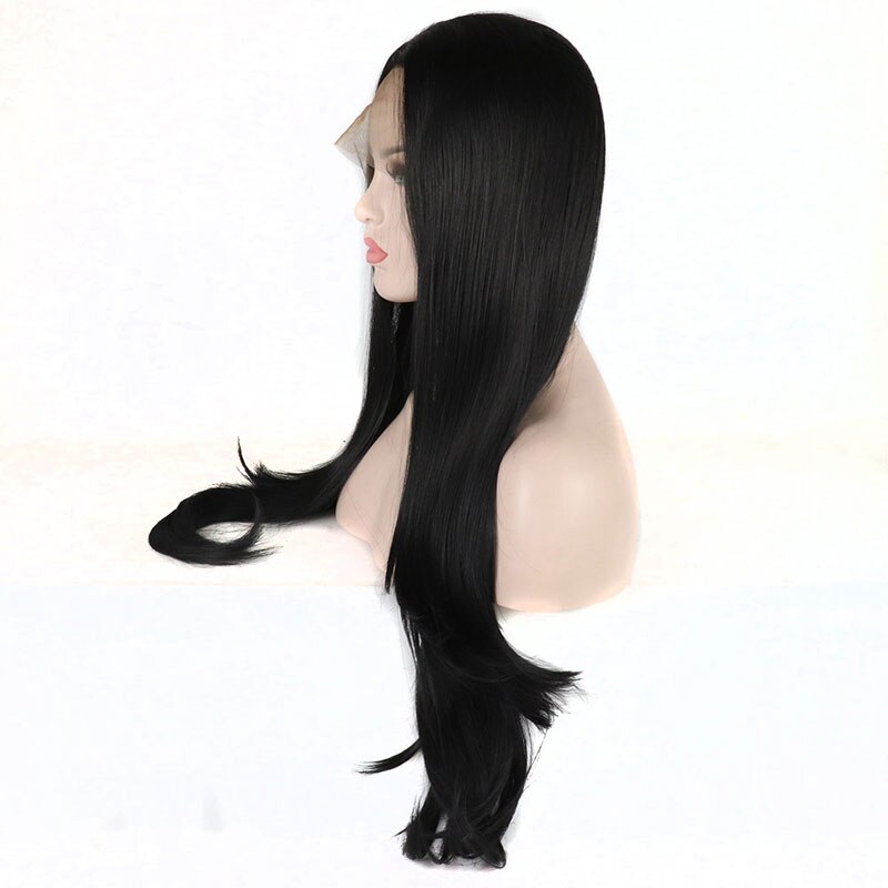 Bombshell preto natural cabelo reto peruca dianteira do laço sintético glueless resistente ao calor fibra cabelo médio de separação para perucas femininas