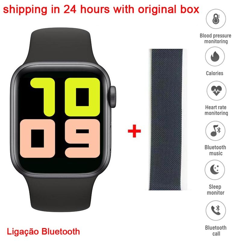Iwo 10 t500 relógio inteligente tela sensível ao toque completa mtk2502 smartwatch monitor de freqüência cardíaca relógio de pulso 44mm iwo 12 vs t500s: black add black