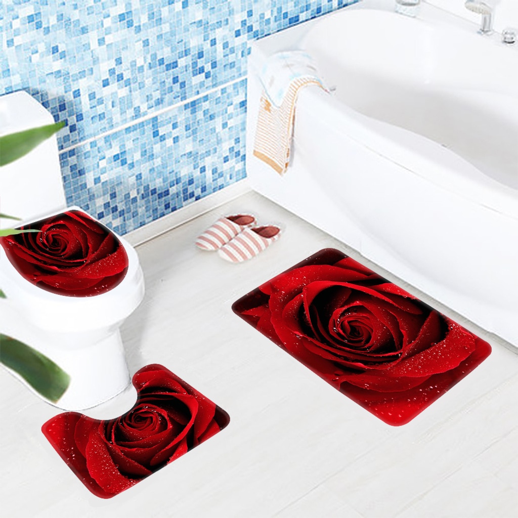 3 Pcs Bath Mat Set Rose Pattern Toilet Mat for Three Sets of Bath Mat Anti Slip Bathroom Rugs and Carpets