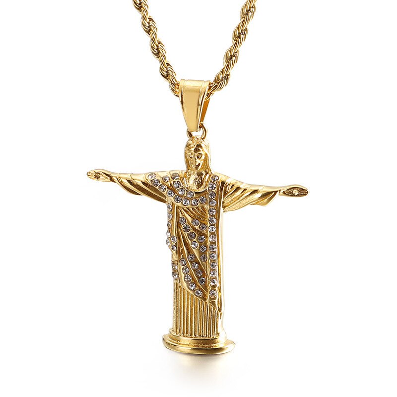 Retro Male Jewelry Gold Jesus Cross Necklaces Round Pendant for Men Him Christian Catholicism Prayer Religious Accessories: C