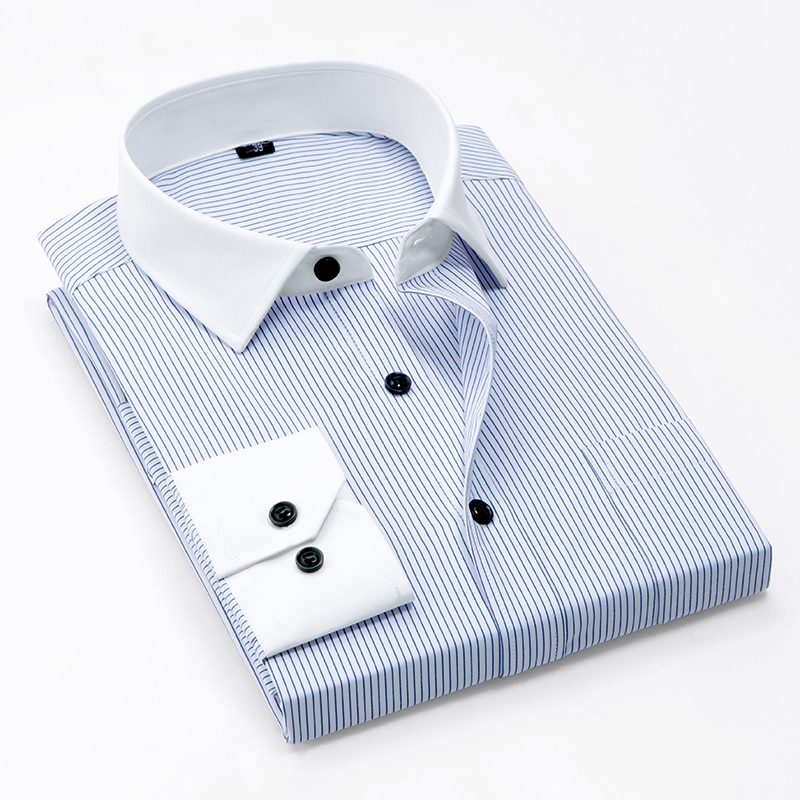 Mens Contrast Collar and Cuff Shirts Long Sleeve Striped Business Formal Shirts Men Dress Shirt Slim Fit White Collar