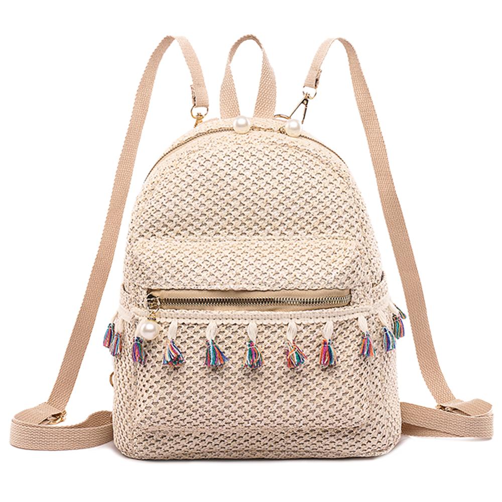 Paglia Intrecciata borsa Da Viaggio Piccolo Sacchetto Zaini Delle Donne Della Banda di Stampa di Spalla Borse Da Scuola Casual di Lavoro A Maglia Zaino Zaino Mochila Mujer: Style B Beige