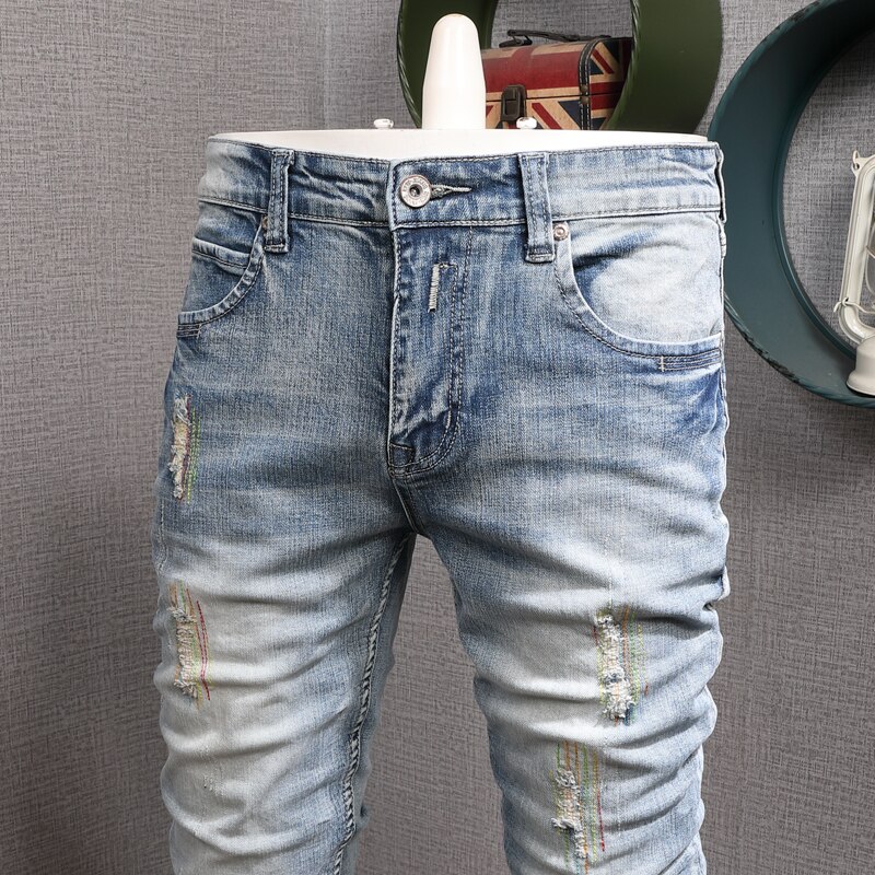 Korean Style Men Jeans Light Blue Embroidery Patches Ripped Denim Trousers Streetwear Elastic Cotton Slim Pants