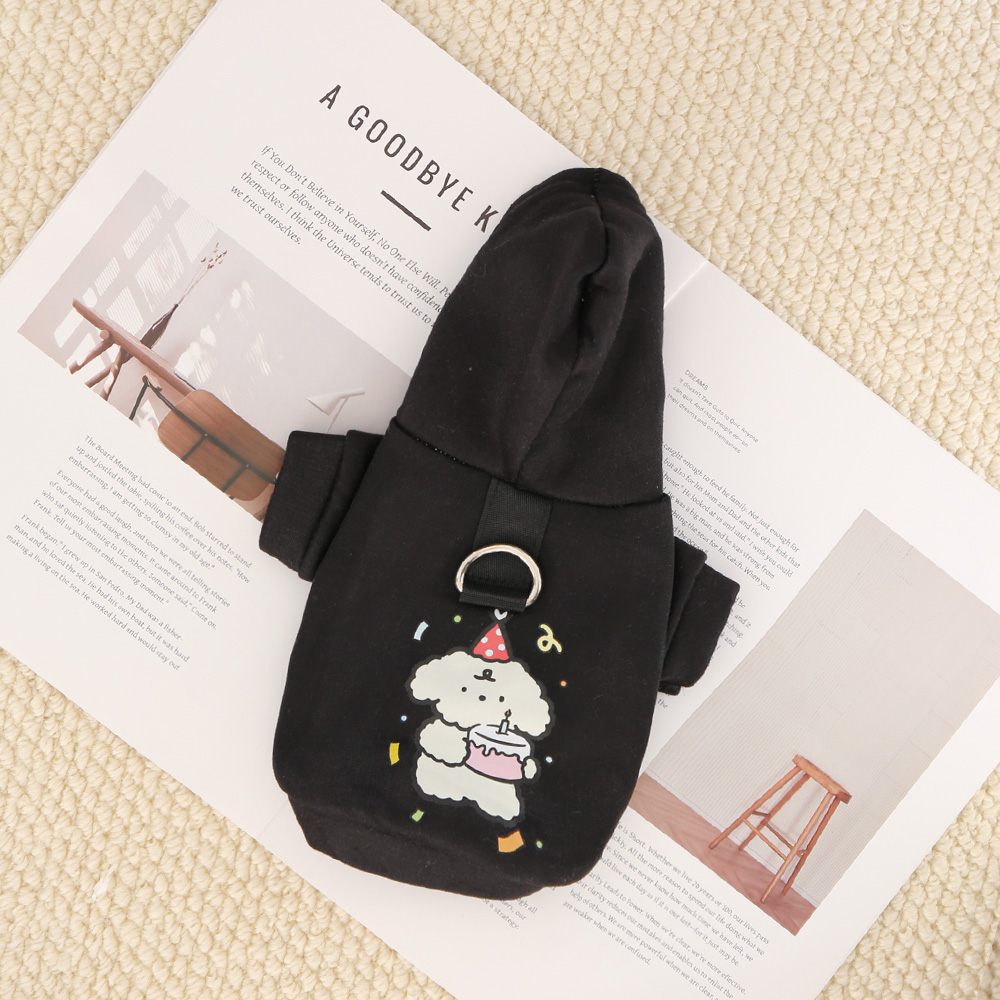Cat and dog clothes for autumn and winter, made of milk silk and flannel, with a cute dog print hoodie and drawstring buckle: S / black