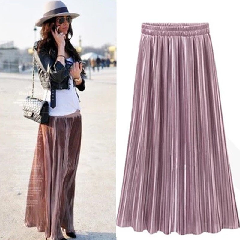 Jupe longue plissée et évasée pour femme, couleur unie, style Vintage, couleur or, , nouveauté: Rose