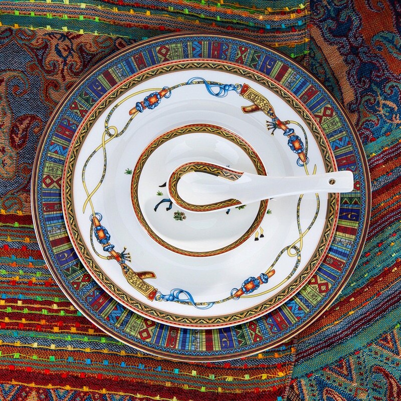 Ceramic Flatware Tableware Set Rice Pasta Bowl Plate Fish Dish Soup Pot Spoon Bone China War Horse Kitchen Utensil Wedding