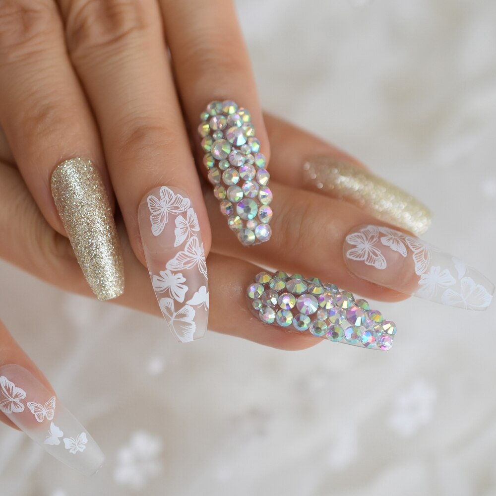 Faux ongles transparents en forme de papillon et paillettes pour Nail Art, pointes de pour Salon, été, 24