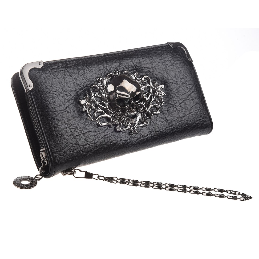 Mode en goede PU Cool Retro Sliver Kleur Schedel lange Portemonnee voor Vrouwen Vintage Zwarte Clutch bag Purse