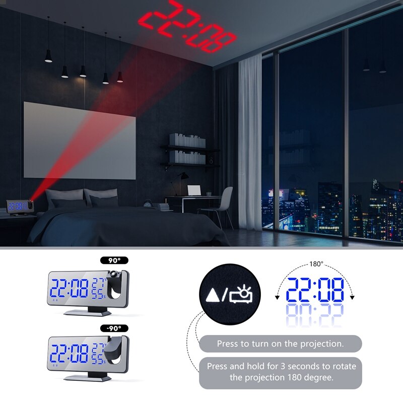 Réveil de Projection pour chambre à coucher, projecteur horloge de plafond avec affichage de l'humidité de la température de LED numérique et gradateur, projecteur