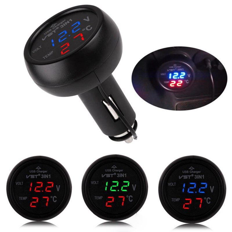 Universele 3in1 Auto 12 v Digitale LED Voltmeter Gauge + Thermometer + USB Oplader 2.1A