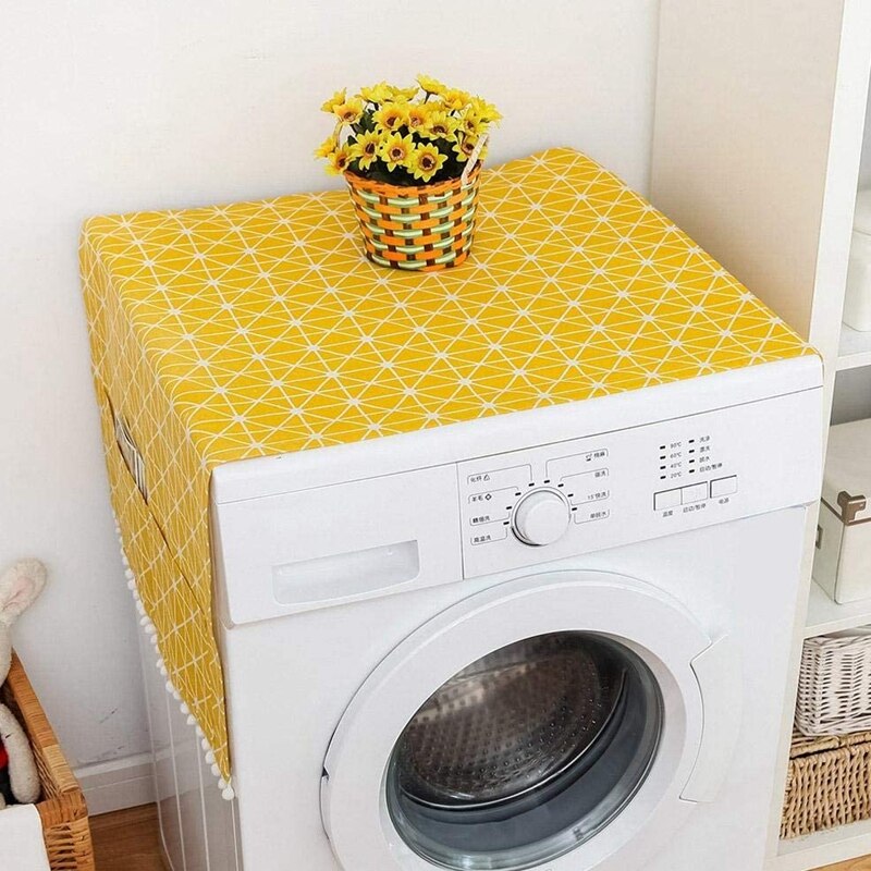 Koelkast Stofkap, Wasmachine Katoen Linnen Top Cover, Met Side Opbergtas-Gele En Witte Strepen