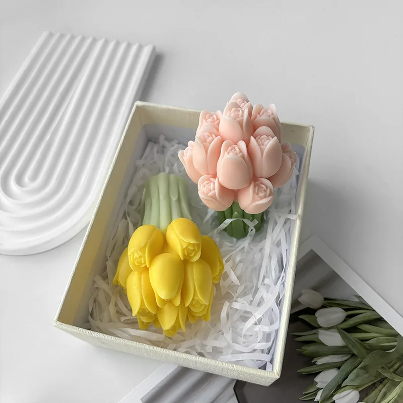 Molde de silicona para ramo de tulipán 3D, flores artesanales, velas aromáticas, moldes de adorno de yeso, hecho a mano, suministros para hacer velas y jabón
