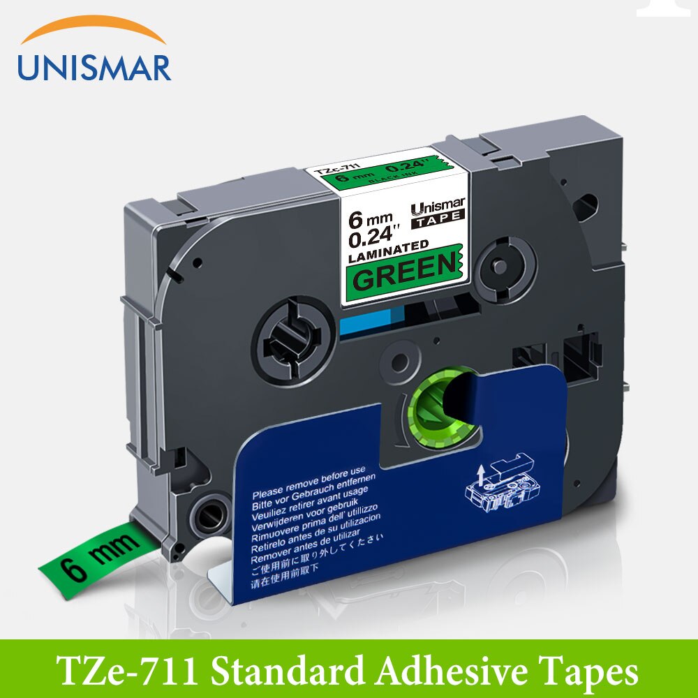 Unismar 6mm Labels For Brother TZe-511 TZe 511 Tze511 Label Tape Black on Blue For Brother PT-H100 PT-D200 PT-D210 Label Maker: Black on Green