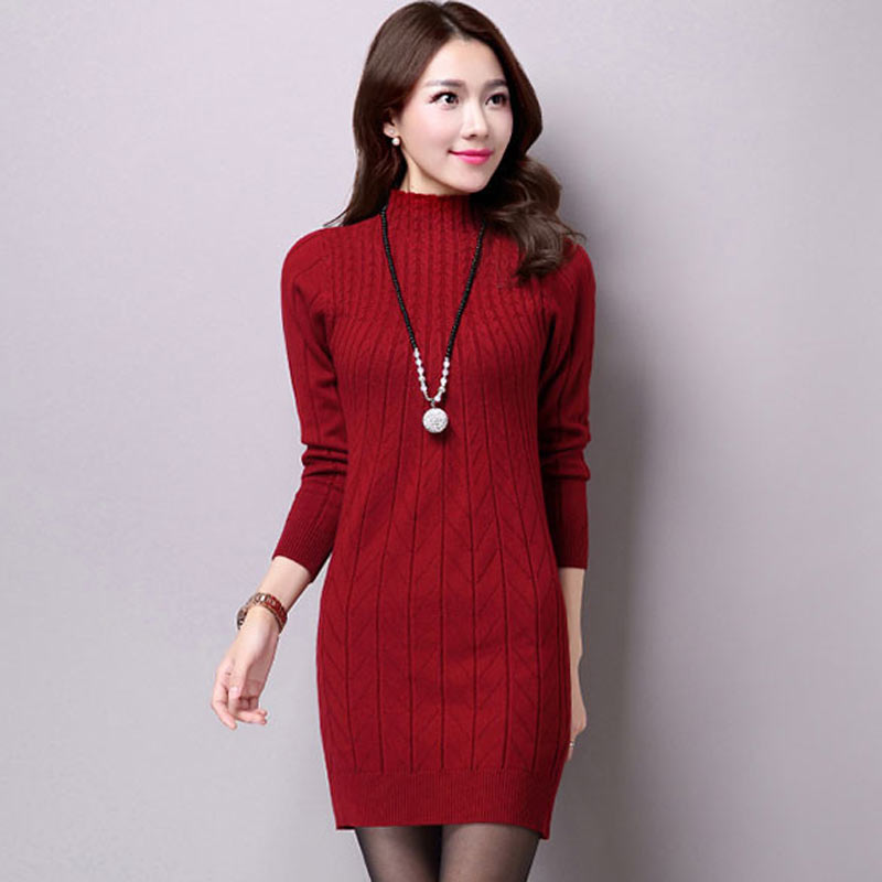 UPPIN Autumn Winter Middle-aged Women Long Paragraph Wool Bottoming Shirt Wild Warm Slim Package Sweater Dress Female: red / L