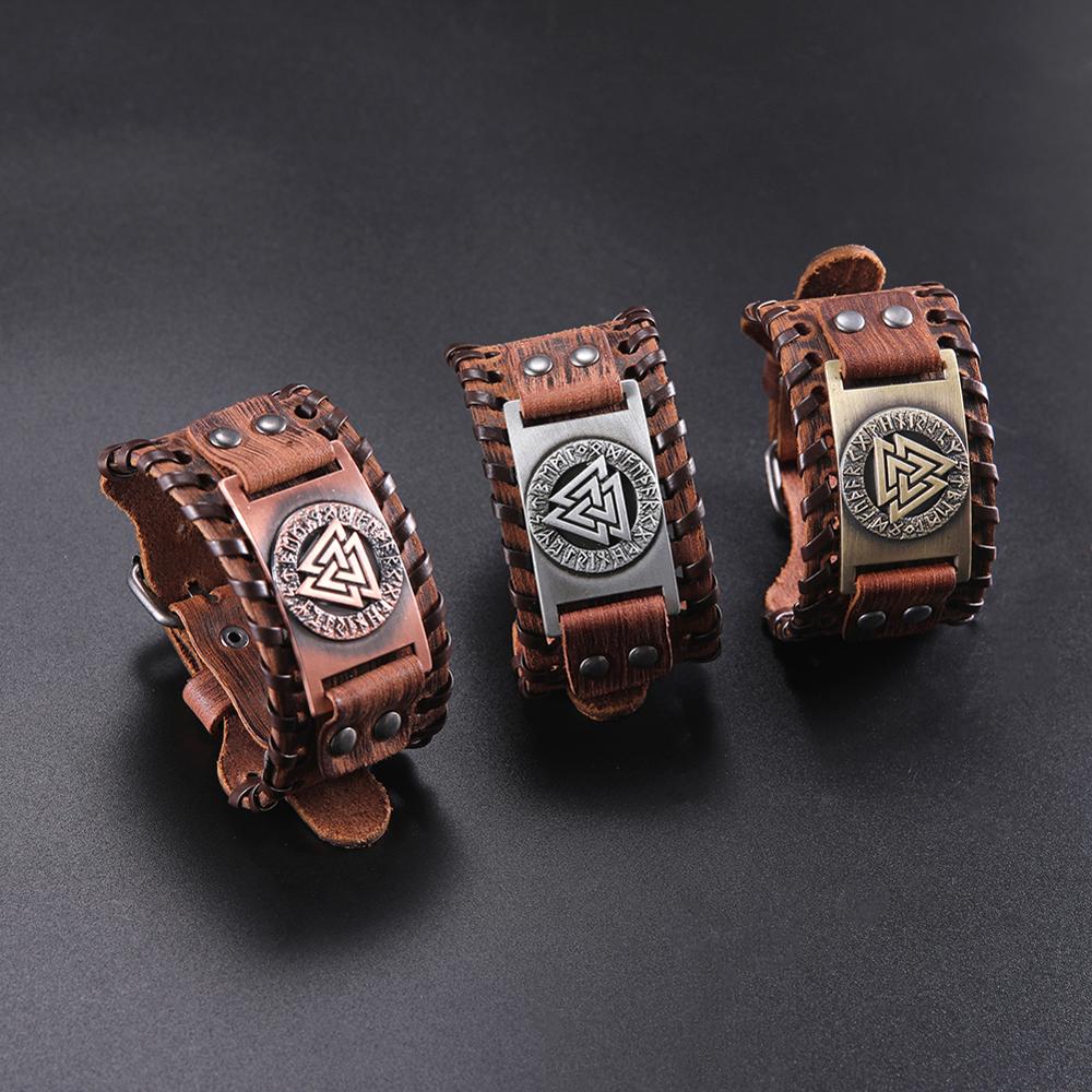 LIKGREAT Vintage Charm Wide Leather Bracelet Men Punk Braided Rope Alloy Cuff Bangle Male Wristband Viking Bracelet Mens Jewelry