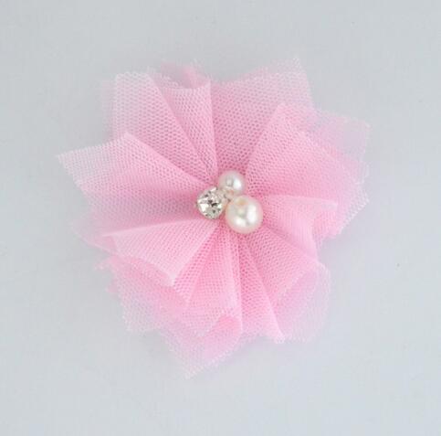10 stks/partij 2.5 ''Mini Tulle Mesh Bloemen Met Strass Pearl Center Poof Bloemen Hoofdband Haar Accessoires: 05 pink